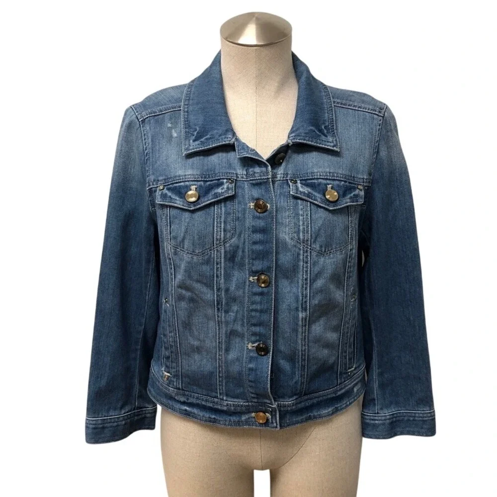 White House Black Market Denim Jacket Womens 10 Blue Distressed Gold Buttons